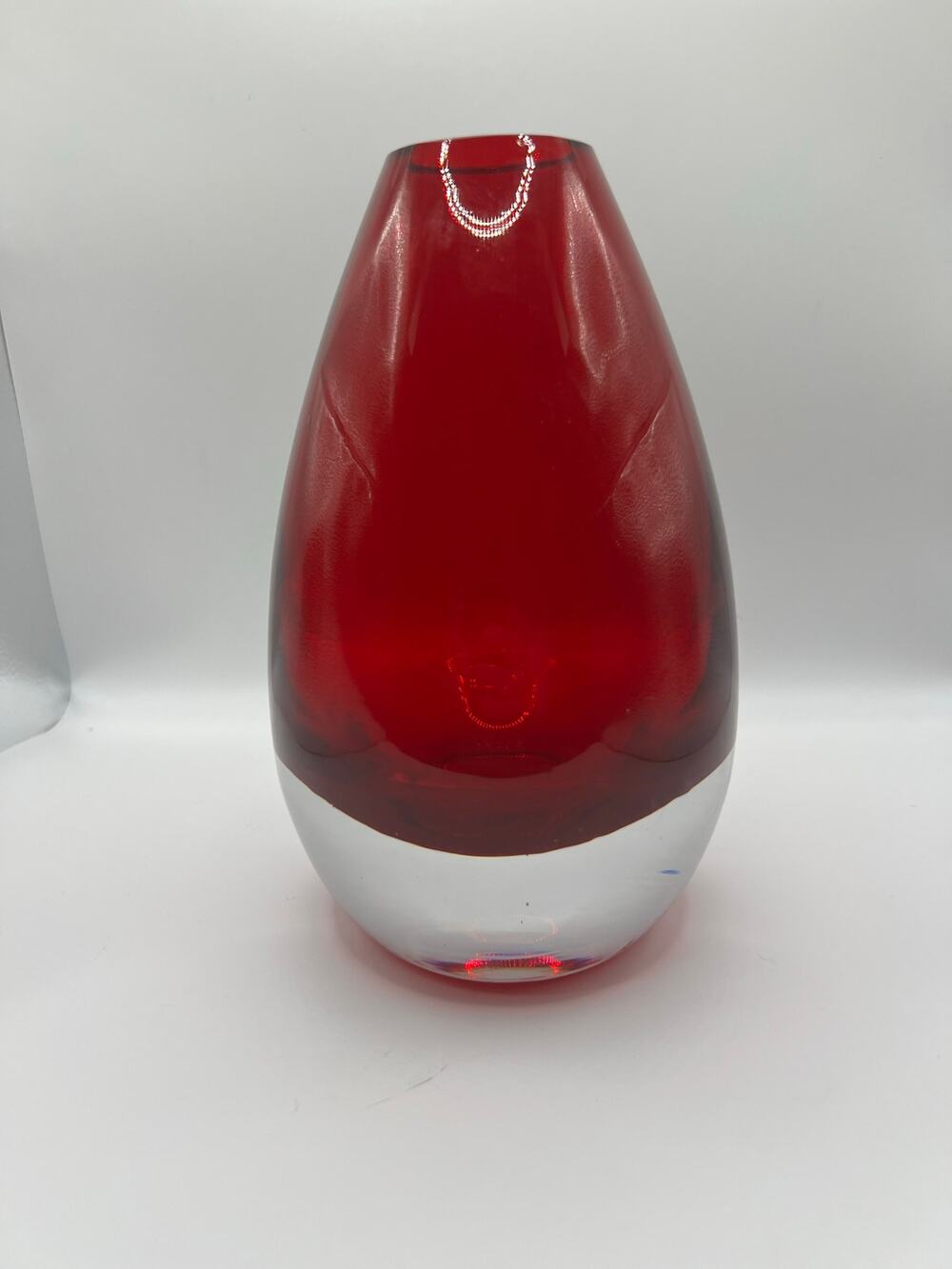 Vintage Red & Clear Hand-Blown Art Glass Vase – Heavy Teardrop Design